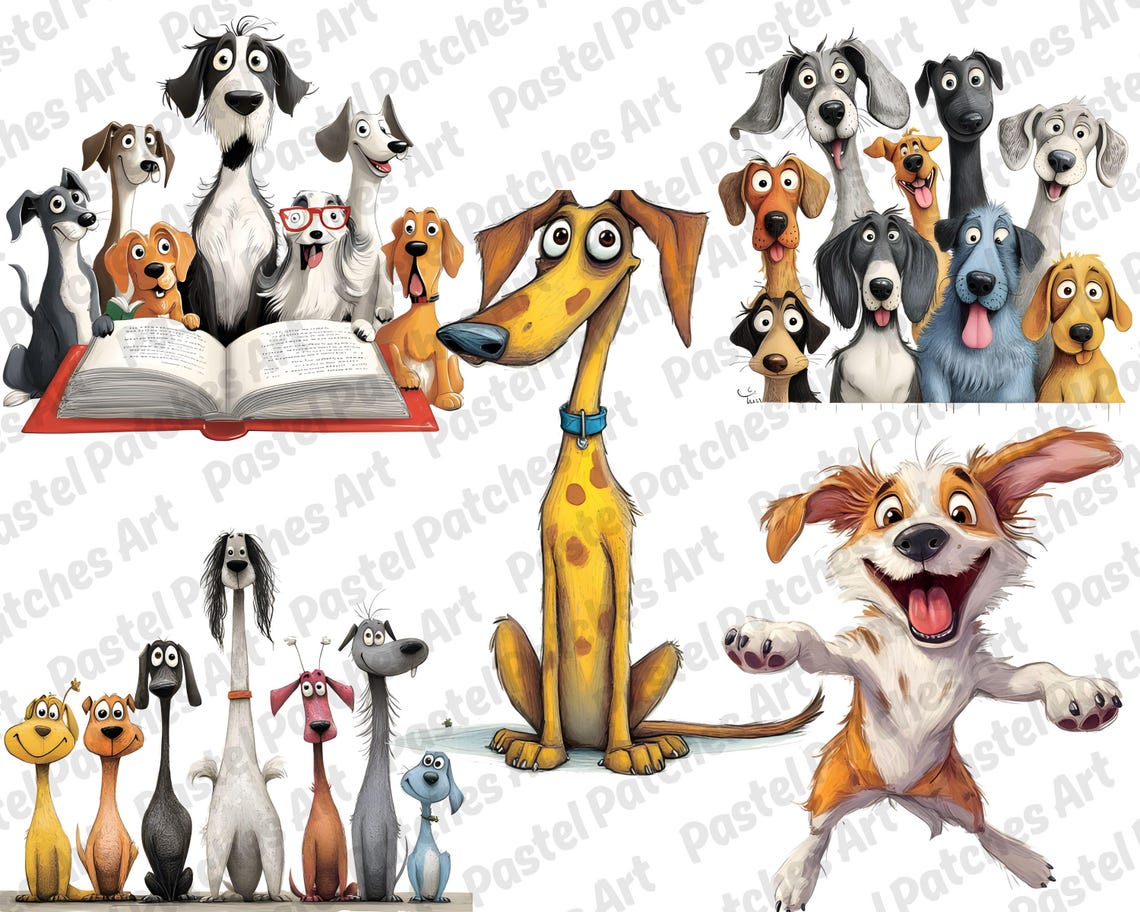 Quirky Dog Clipart PNG Bundle, Funny Pets Dog Clipart, Whimsical Dogs ...