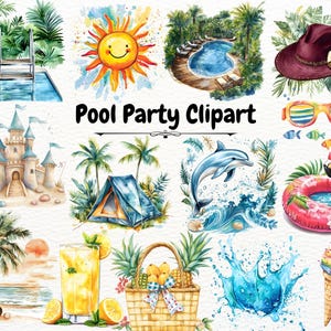 Pool Party Clipart, Summer Fun Kids Clipart, Watercolor Beach Clipart, Ice Cream, Cocktails Clipart, Floaties Clipart,Pool Birthday Clipart