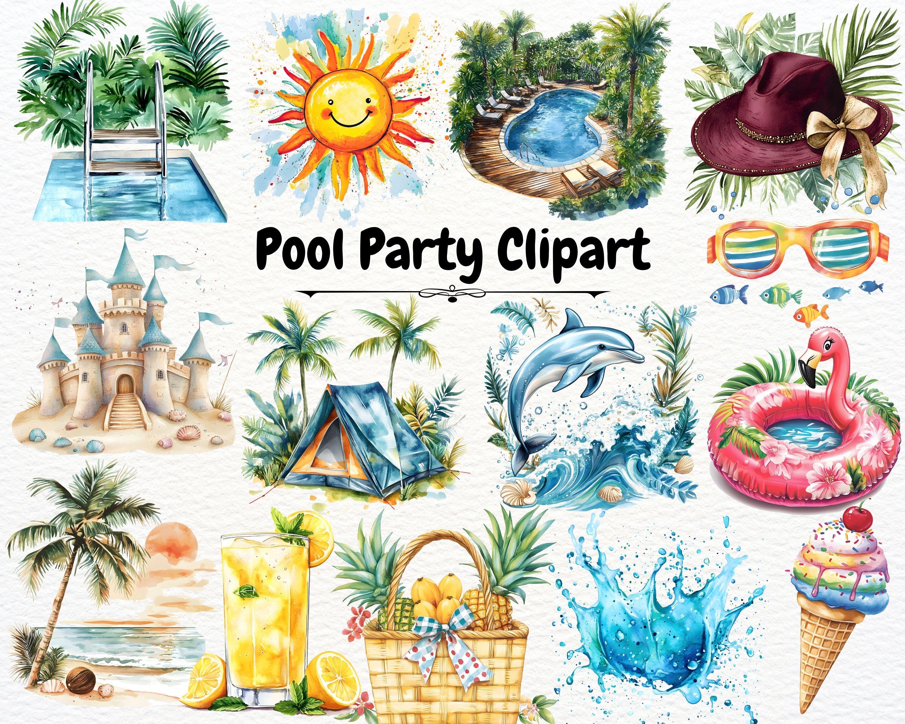 Watercolor Pool Party Clipart for Kids, Summer Beach Fun, Ice Cream ...