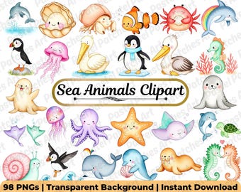Sea Animals Clipart Bundle | Under The Sea Watercolor PNGs for Undersea Baby Shower & Nursery Decor | Cute Whale Clipart | Digital Download