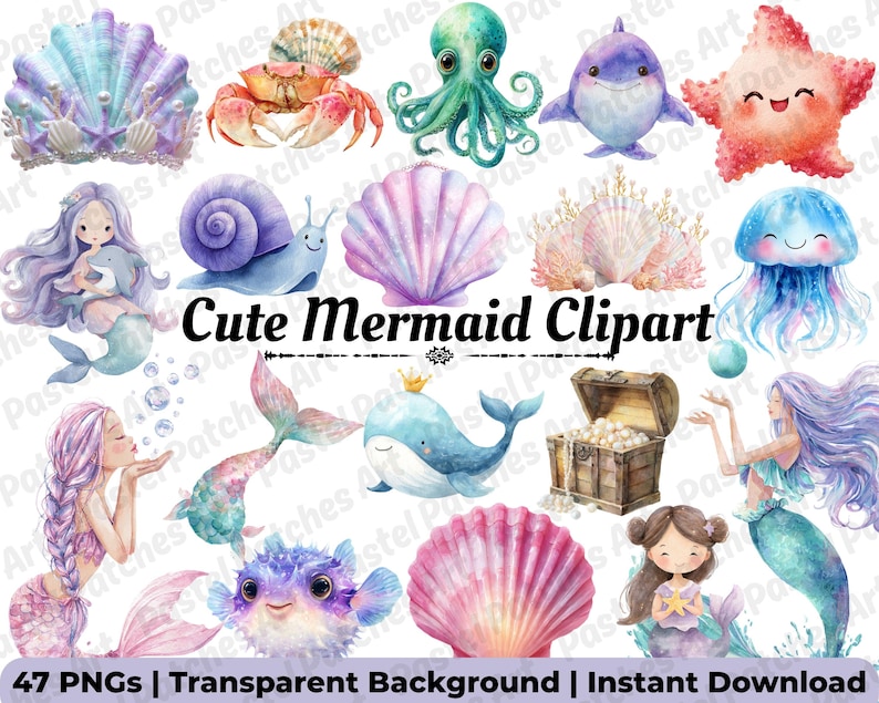 Cute Mermaid Clipart Bundle | Whimsical Watercolor Mermaid PNG ...
