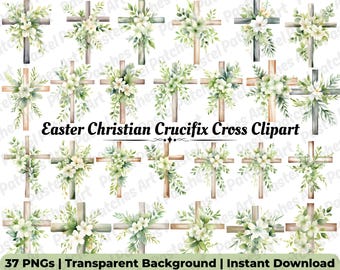 Pasen christelijke kruis clipartset | Aquarel bloemenkruis PNG voor religieus knutselen, kerkdecor en op geloof gebaseerde projecten