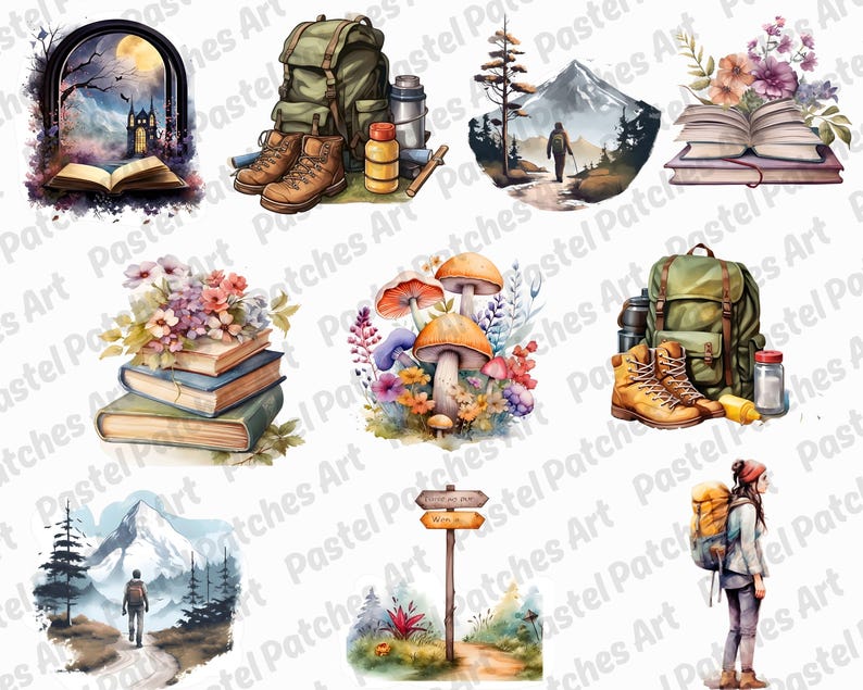 May include: A collection of watercolour illustrations featuring outdoor and fantasy themes. Includes a backpack, hiking boots, books, mushrooms, a mountain scene with a hiker, and a signpost. The colour palette features greens, browns, and blues.