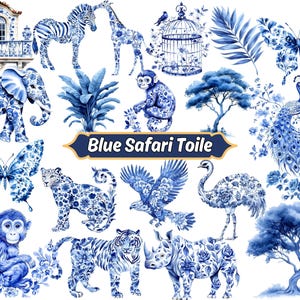 Blauwe safari toile clipart, chinoiserie aquarel jungle dieren, blauwe dierlijke kunst, decor kinderkamer, toile de jouy, safari babyshower clipart