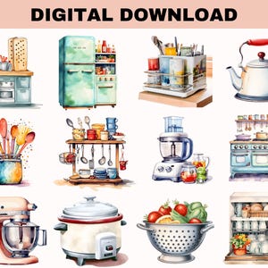 May include: Watercolor illustration of various kitchen items, including a refrigerator, stove, mixer, and utensils. The image has a digital download label at the top. The style is a colorful, hand-painted aesthetic, perfect for kitchen decor or digital art projects.
