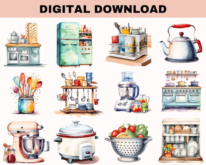 May include: Watercolor illustration of various kitchen items, including a refrigerator, stove, mixer, and utensils. The image has a digital download label at the top. The style is a colorful, hand-painted aesthetic, perfect for kitchen decor or digital art projects.
