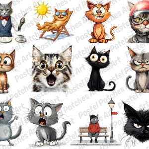 Op de afbeelding: Een verzameling grillige kattenillustraties in verschillende poses en stijlen. E&eacute;n kat is gekleed als ober, een andere zonnebaadt, en anderen met verschillende uitdrukkingen. Het kunstwerk heeft levendige kleuren en gedetailleerde ontwerpen, perfect voor kattenliefhebbers.