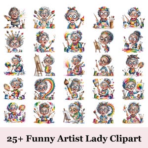 May include: A collection of 25+ colorful clipart images featuring a cartoon artist lady in various poses. The artist is depicted with glasses, holding paintbrushes, palettes, and painting on canvases. The text "25+ Funny Artist Lady Clipart" is at the bottom.