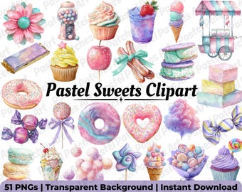 Cute Kawaii Sweets PNG Bundle, Pastel Dessert Clipart, Sweet Treat Stickers, Birthday Candy Party Art