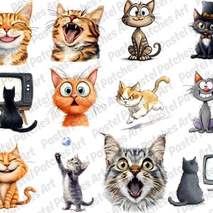 Op de afbeelding: Een verzameling cartoonkat-illustraties in verschillende poses en uitdrukkingen. De katten zijn afgebeeld in verschillende kleuren, waaronder oranje, grijs en zwart. Sommige katten lachen, gapen of dragen hoeden.