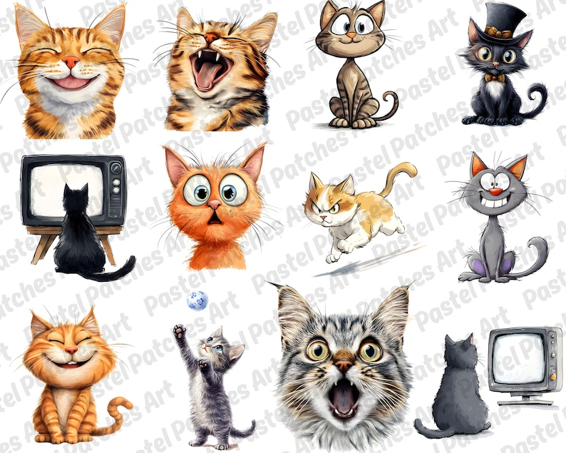 Op de afbeelding: Een verzameling cartoonkat-illustraties in verschillende poses en uitdrukkingen. De katten zijn afgebeeld in verschillende kleuren, waaronder oranje, grijs en zwart. Sommige katten lachen, gapen of dragen hoeden.