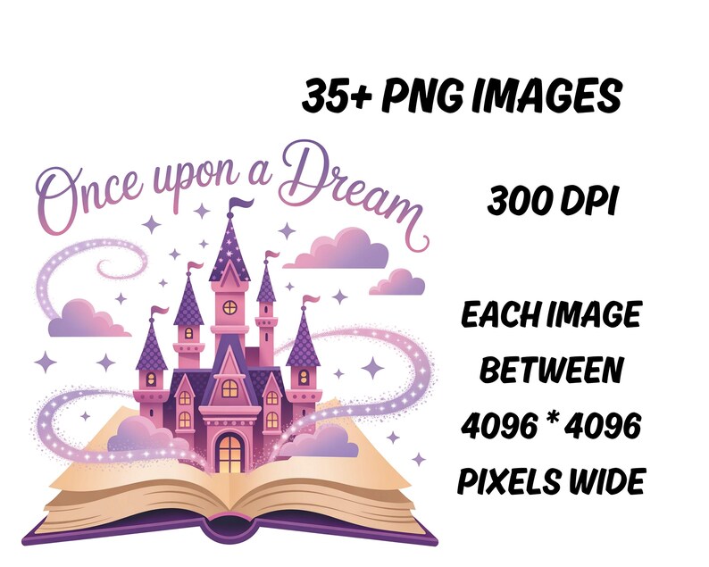 May include: A digital illustration featuring a fairytale castle with pink and purple hues, emerging from an open book. The text "Once upon a Dream" is above the castle. Additional text indicates 35+ PNG images, 300 DPI, and image dimensions.