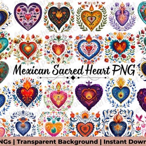 May include: A collection of 39 colorful Mexican Sacred Heart PNG images with transparent backgrounds. Each heart features intricate floral and flame designs in various colors, including blue, red, and gold. The text "Mexican Sacred Heart PNG" is displayed in the center.