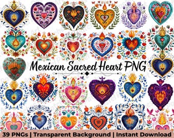 Mexican Sacred Heart PNG Bundle, 35+ Religious Clipart, Sacred Heart Wall Art, Mexican Folk Art, Sublimation Design, Commercial Use