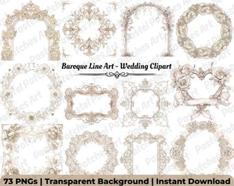 Baroque Line Art Clipart | Vintage Ornate Design Elements for Invitations (Digital Download)
