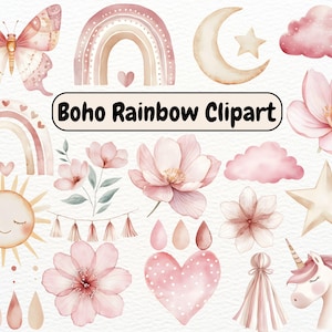 Clipart de arcoíris bohemio en acuarela, clipart de baby shower, arcoíris bohemios en acuarela, nubes PNG, clipart de guardería bohemia, arcoíris pastel y sol PNG