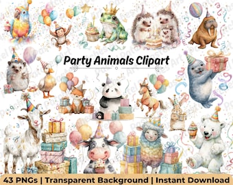 40+ Party Animals PNG Bundle, Cute Birthday Clipart, Jungle Safari Animal Graphics, Kids Party Decorations, Commercial Use