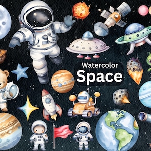 Cute Space Clipart - Watercolor Astronaut, Planets & Rockets - Outer Space Galaxy Theme - Nursery Wall Art - Instant Download
