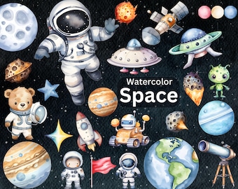 Cute Space Clipart - Watercolor Astronaut, Planets & Rockets - Outer Space Galaxy Theme - Nursery Wall Art - Instant Download