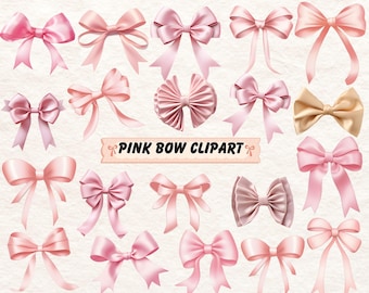 May include: A collection of 20 pink satin bows in various styles and sizes. The bows are arranged in a random pattern on a white background. The text "PINK BOW CLIPART" is displayed in a banner at the top of the image.