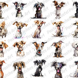 May include: A collection of watercolor illustrations of various dog breeds. Each dog is depicted with expressive eyes and a happy expression, showcasing a range of colors and fur textures. The dogs are set against a white background.