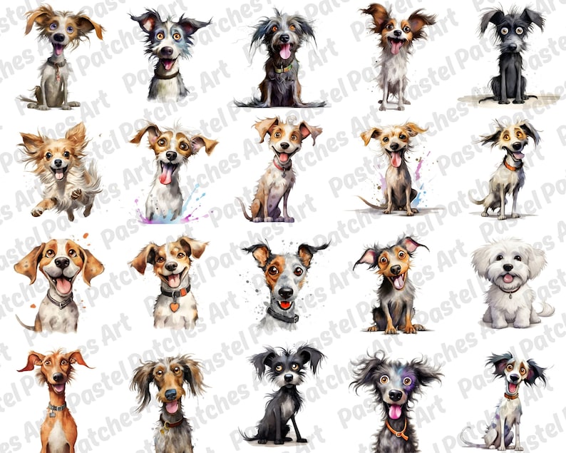 May include: A collection of watercolor illustrations of various dog breeds. Each dog is depicted with expressive eyes and a happy expression, showcasing a range of colors and fur textures. The dogs are set against a white background.