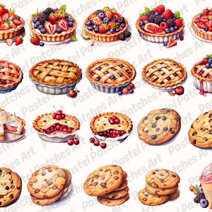May include: A collection of watercolor illustrations featuring various baked goods. The image includes tarts with berries, pies with lattice crusts, and chocolate chip cookies. A scoop of ice cream in a cone is also shown.
