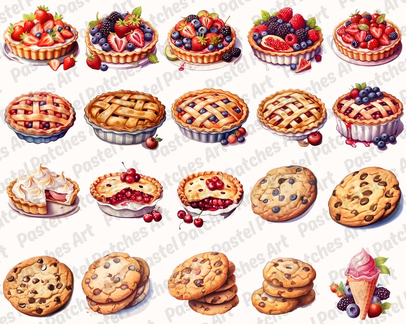 May include: A collection of watercolor illustrations featuring various baked goods. The image includes tarts with berries, pies with lattice crusts, and chocolate chip cookies. A scoop of ice cream in a cone is also shown.