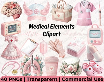 Paquete de imágenes prediseñadas médicas en formato PNG, elementos de atención médica para enfermeras y médicos, lindos gráficos médicos en acuarela para proyectos de planificación.