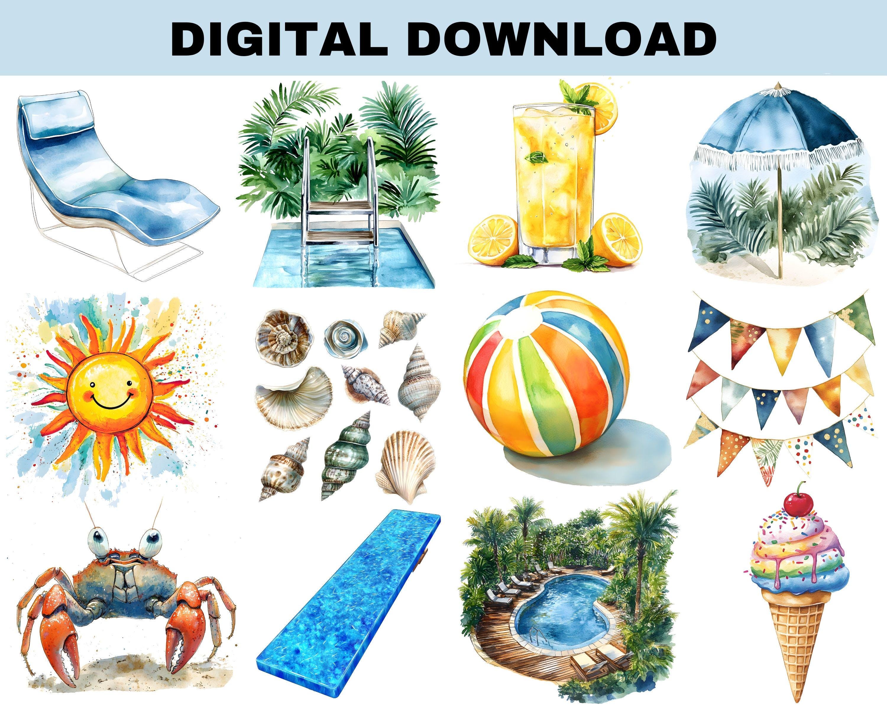 Watercolor Pool Party Clipart for Kids, Summer Beach Fun, Ice Cream ...