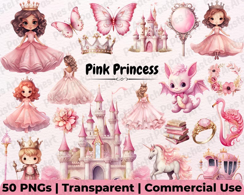 Pink Princess PNG Bundle, Fairytale Watercolor Clipart, Fantasy ...