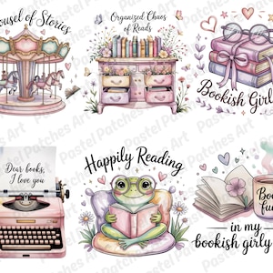 May include: A collection of watercolor illustrations with a bookish theme. Images include a carousel, a dresser with books, a stack of books with glasses, a typewriter, a frog reading, and a mug. Text includes "Carousel of Stories" and "Bookish Girl Era."