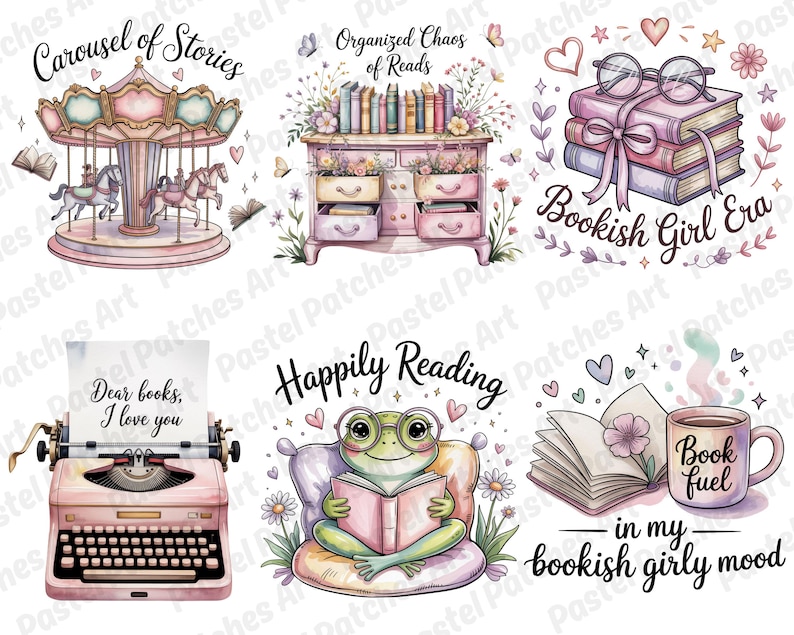 May include: A collection of watercolor illustrations with a bookish theme. Images include a carousel, a dresser with books, a stack of books with glasses, a typewriter, a frog reading, and a mug. Text includes "Carousel of Stories" and "Bookish Girl Era."