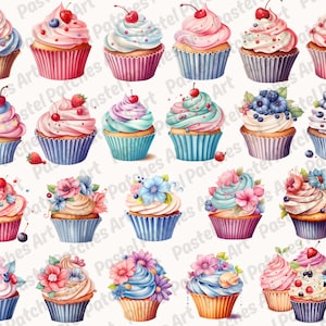 May include: Watercolor illustration of various cupcakes with colorful frosting and toppings like cherries, blueberries, and flowers. The cupcakes are in blue, pink, and purple cupcake liners, creating a sweet and artistic design.