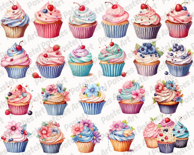 May include: Watercolor illustration of various cupcakes with colorful frosting and toppings like cherries, blueberries, and flowers. The cupcakes are in blue, pink, and purple cupcake liners, creating a sweet and artistic design.
