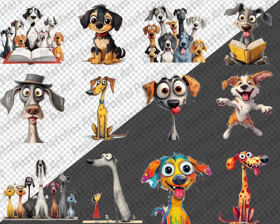 Quirky Dog Clipart PNG Bundle, Funny Pets Dog Clipart, Whimsical Dogs ...