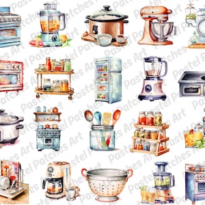 May include: Watercolor illustrations of kitchen appliances, including a stove, blender, slow cooker, stand mixer, oven, refrigerator, and sink. Also shown are spice racks, a colander, and a juicer. The images have a pastel color palette.