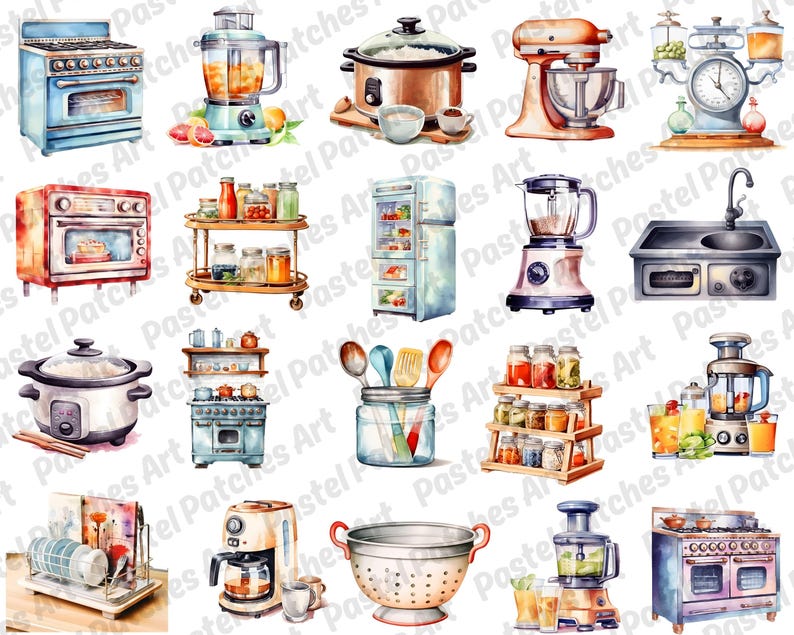 May include: Watercolor illustrations of kitchen appliances, including a stove, blender, slow cooker, stand mixer, oven, refrigerator, and sink. Also shown are spice racks, a colander, and a juicer. The images have a pastel color palette.