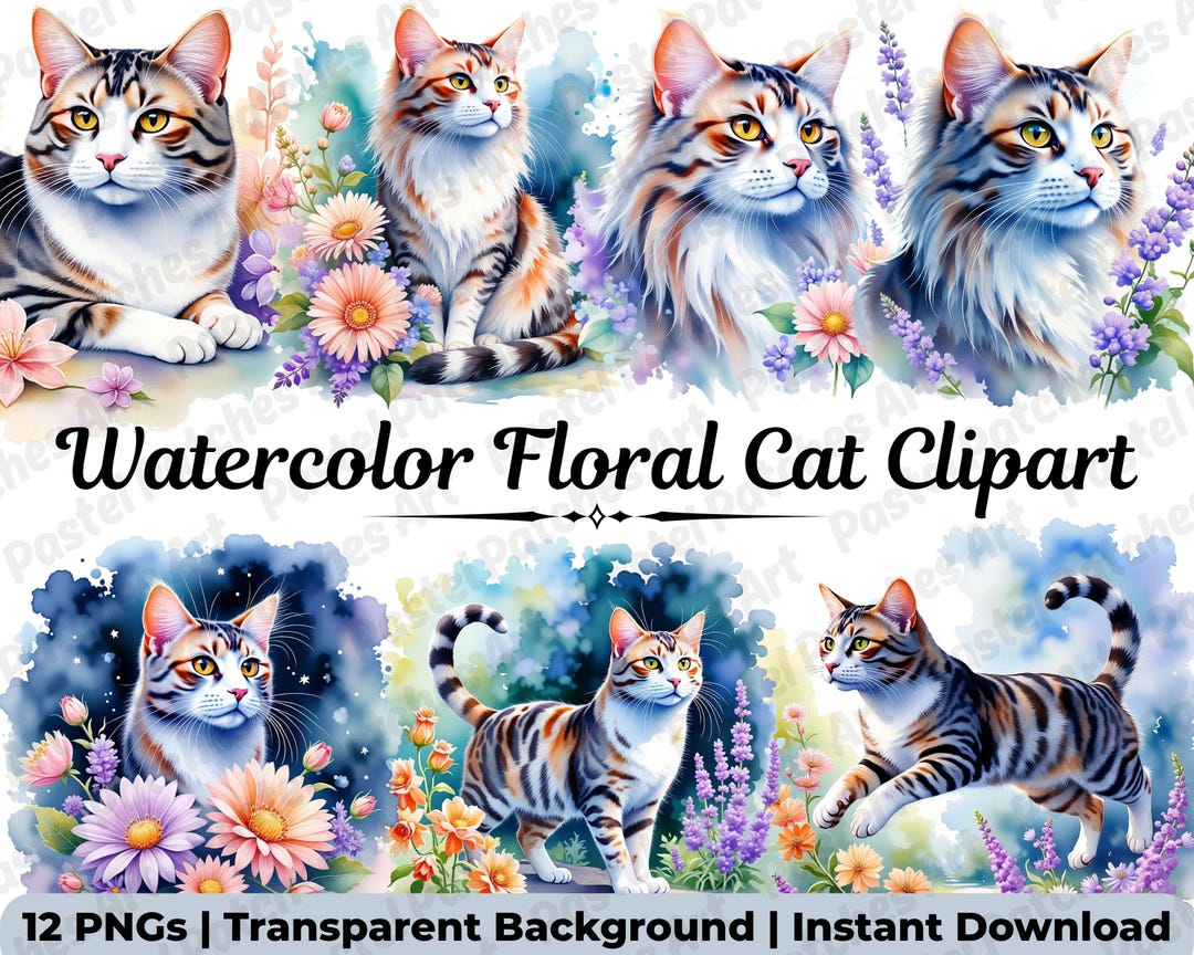 Watercolor Floral Cat Clipart | 10 Cute Animal Pngs for Junk Journal ...