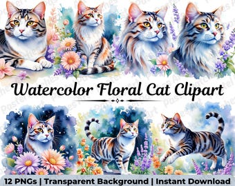 Watercolor Floral Cat Clipart | 10 Cute Animal PNGs for Junk Journal Supplies | Printable Art with Commercial Use • Digital Download