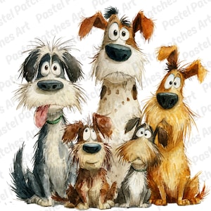May include: Watercolor illustration of five cartoon dogs with expressive faces. The dogs have various fur colors, including brown, black, and tan. One dog has a spotted pattern. The image has a whimsical and playful style.