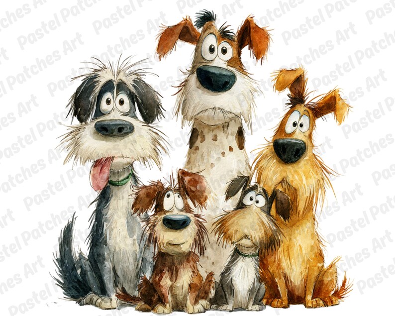 May include: Watercolor illustration of five cartoon dogs with expressive faces. The dogs have various fur colors, including brown, black, and tan. One dog has a spotted pattern. The image has a whimsical and playful style.