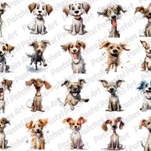 May include: A collection of watercolor illustrations of various dog breeds. Each dog is depicted with expressive eyes and a joyful expression, showcasing a range of colors and fur textures. The dogs are in different poses, some sitting, some running, and some with their tongues out.