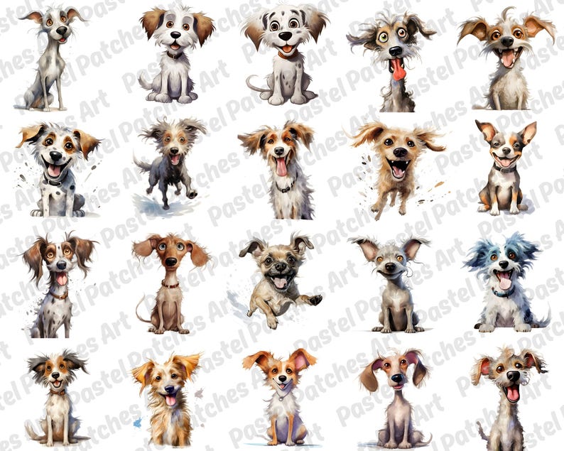 May include: A collection of watercolor illustrations of various dog breeds. Each dog is depicted with expressive eyes and a joyful expression, showcasing a range of colors and fur textures. The dogs are in different poses, some sitting, some running, and some with their tongues out.