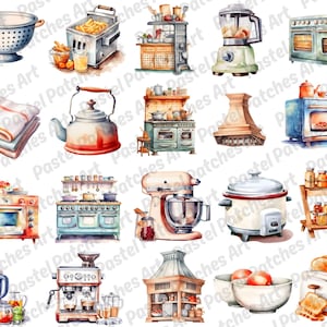 May include: Watercolor illustrations of various kitchen appliances and tools, including a colander, deep fryer, stove, blender, oven, kettle, microwave, stand mixer, slow cooker, and toaster. The artwork features a vintage aesthetic with soft colors and detailed depictions.