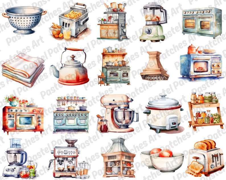 May include: Watercolor illustrations of various kitchen appliances and tools, including a colander, deep fryer, stove, blender, oven, kettle, microwave, stand mixer, slow cooker, and toaster. The artwork features a vintage aesthetic with soft colors and detailed depictions.
