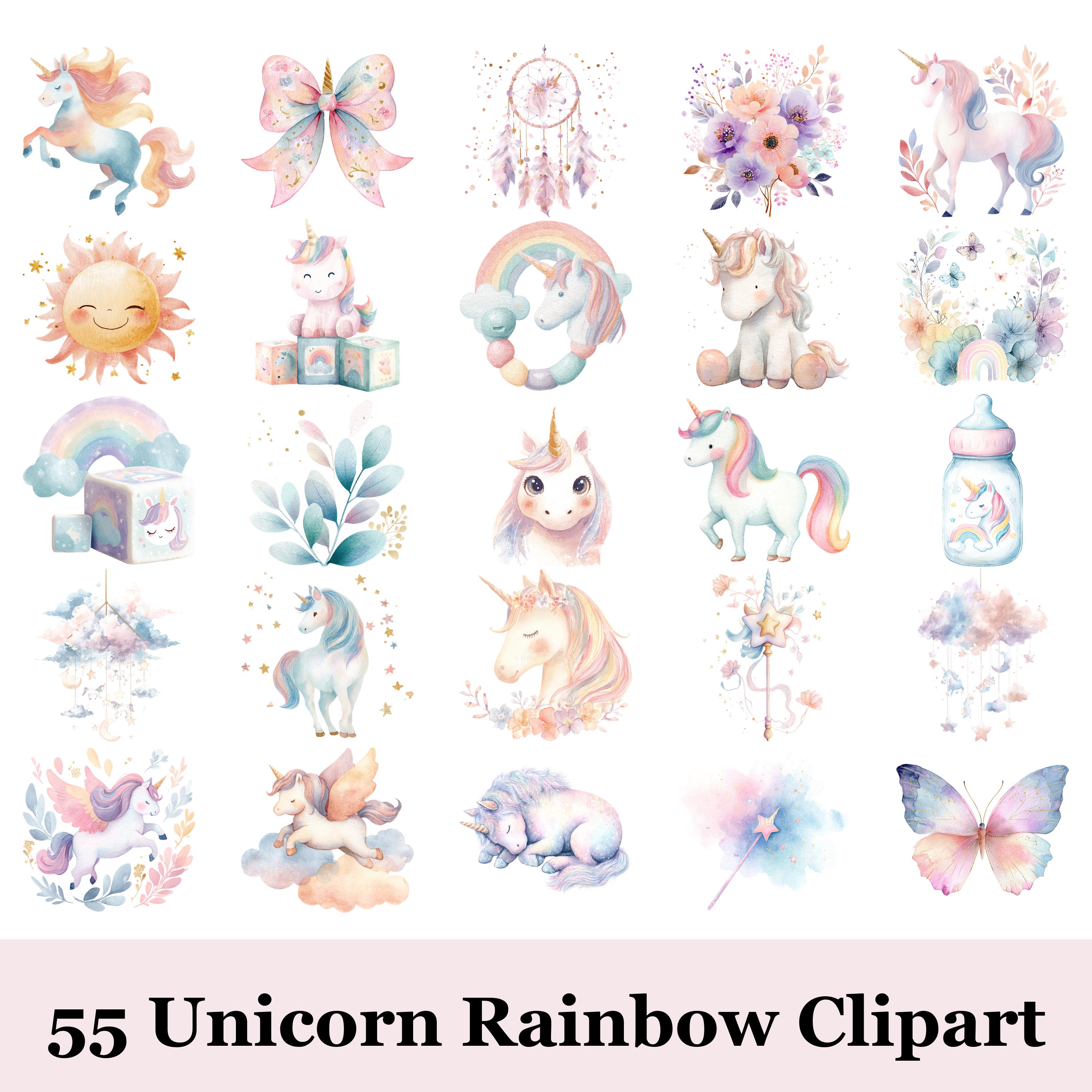 55 Unicorn Rainbow Clipart | Cute Unicorn PNG Bundle | Pastel Magical ...