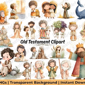 Könnte beinhalten: Aquarell-Cliparts mit Illustrationen von biblischen Figuren und Szenen. Die Bilder zeigen Charaktere mit Kronen, die Körbe halten und mit Tieren interagieren. Der Text "Old Testament Clipart" ist ebenfalls enthalten.