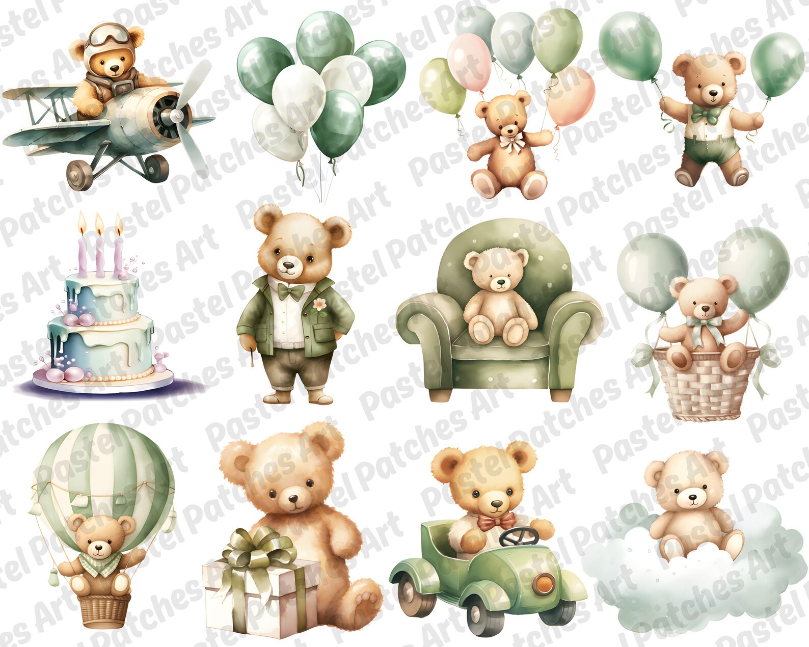 Watercolor Teddy Bear Clipart Bundle - Cute Baby Shower Balloons PNG ...