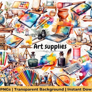 Art Supplies Clipart, Watercolor Paint Clipart, Artist Tools Clipart, Paint Brush Clipart, Drawing Supplies, Scrapbooking, Junk Journal